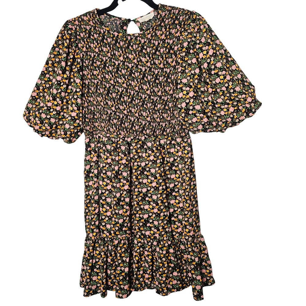 Melloday Womens Smocked Bodice Mini Dress L Black Floral Puff Sleeve Cottagecore